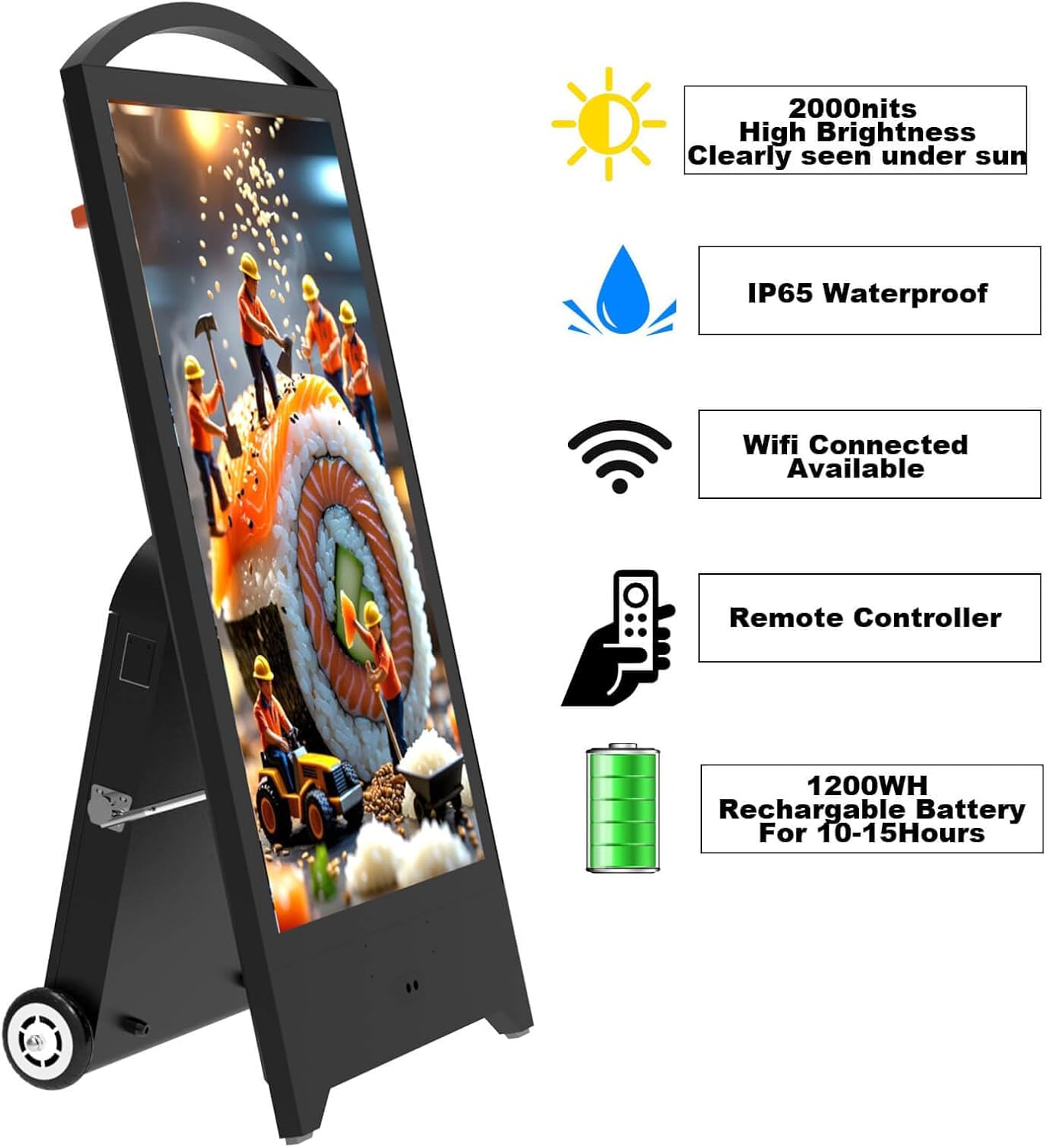 43" Outdoor Portable Digital Signage, 2000nits Digital Signage Display, Rechargeable Battery Working 10-15H, Clearly Seen Under The Sun, CMS/U-Disk, Plug&Play IP65 Waterproof