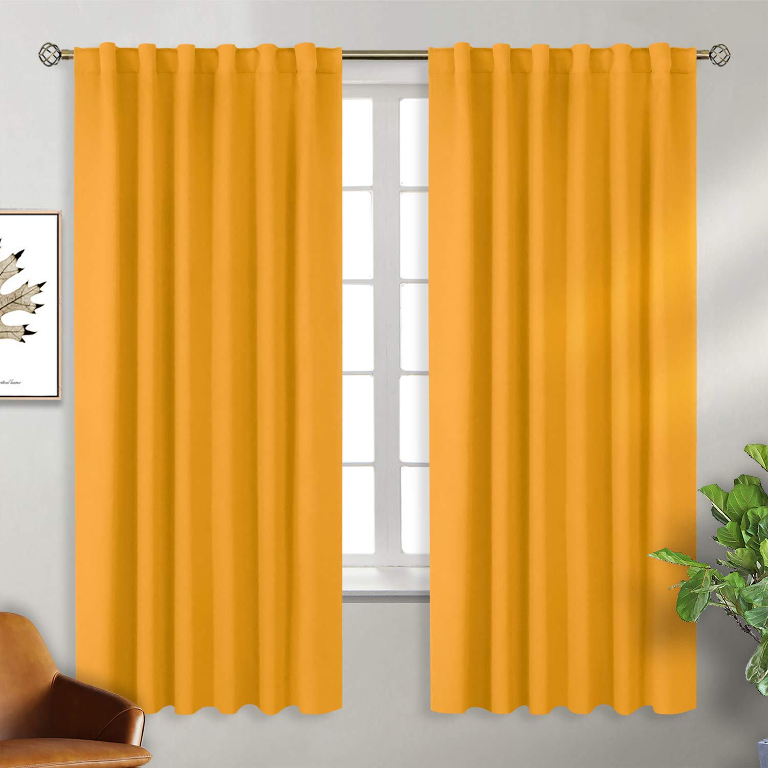 BGment Rod Pocket and Back Tab Blackout Curtains for Bedroom - Thermal Insulated Room Darkening Curtains for Living Room, 2 Window Curtain Panels (52 x 63 Inch, Mustard Yellow)