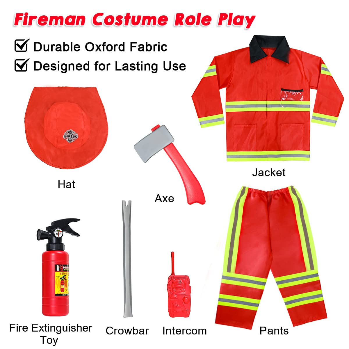 LOYO Kids Role Play Halloween Costumes, Red Fireman Costume with Firefighter Outfit Toys Accessories for 3 to 6 Year Old Children - Image 2