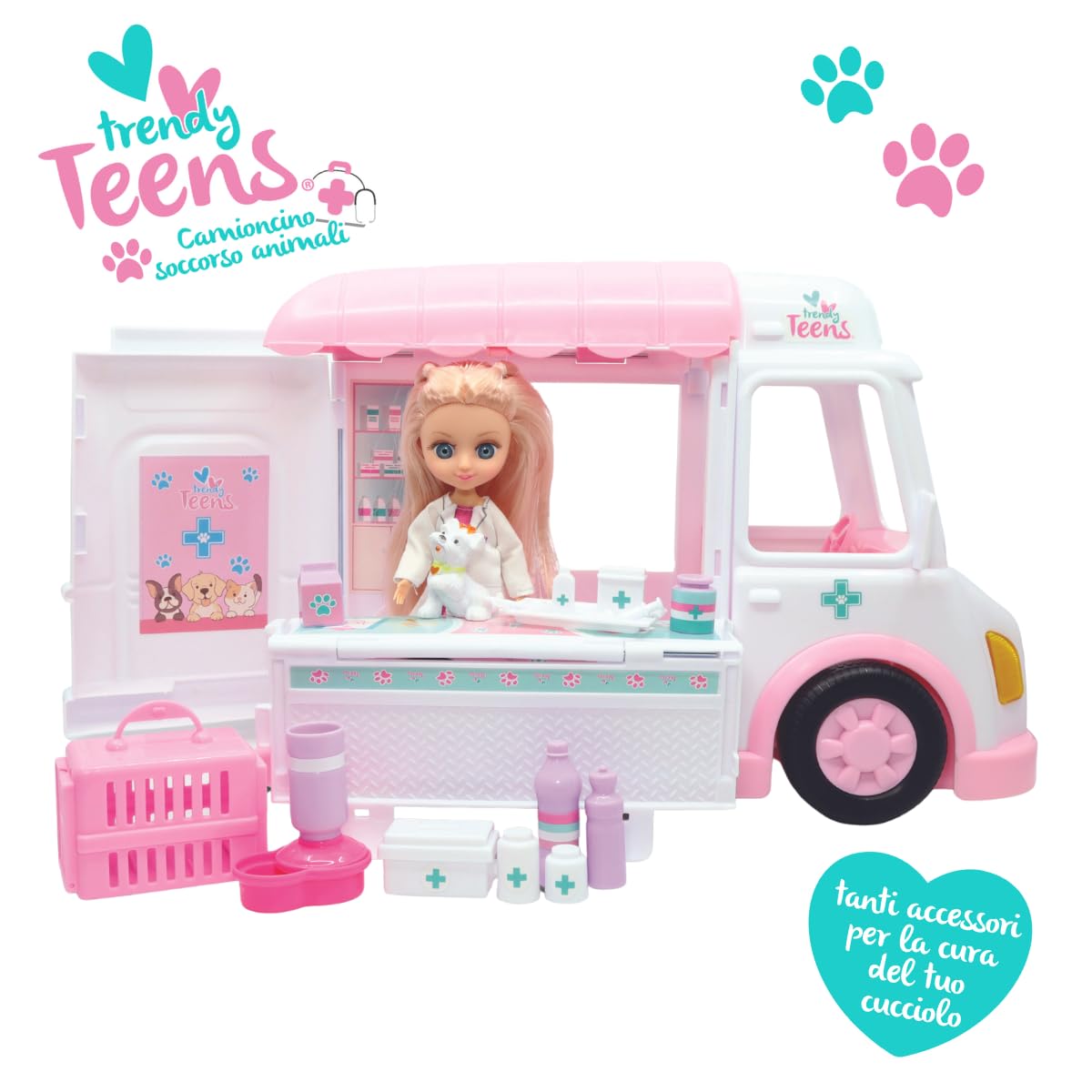 ODS - Trendy Teens, Camioncino Soccorso Animali con Funzioni con Bambolina dimensioni 16 cm e Accessori, Giocattolo per Bambini, Età Consigliata +3