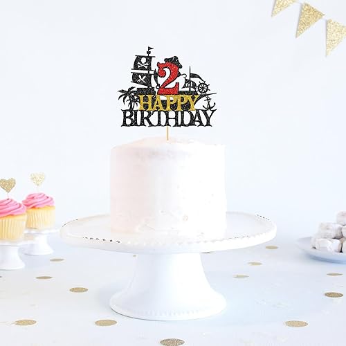 Miniatura 6 de Maicaiffe Decoración para tartas de feliz segundo cumpleaños, diseño de barco pirata náutico, decoración de fiesta para niños, purpurina negra