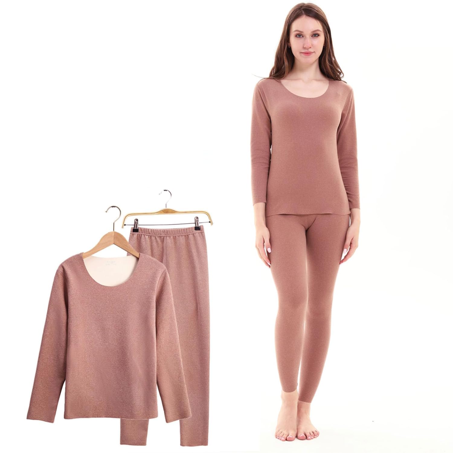 Khwaish Store Women's Winter Thin Soft Thermal Inside Warm Plush Fleece Lined Full Sleeve Top Round Crew Neck & Underwear Pajama Pant Bottom Legging Set (Brown, XL) - Image 2 thumbnail