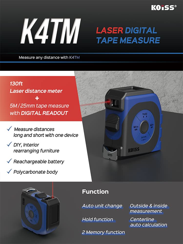 Buy KOISS K4TM Rechargeable Laser Digital Tape Measure, 2in1 Digital
