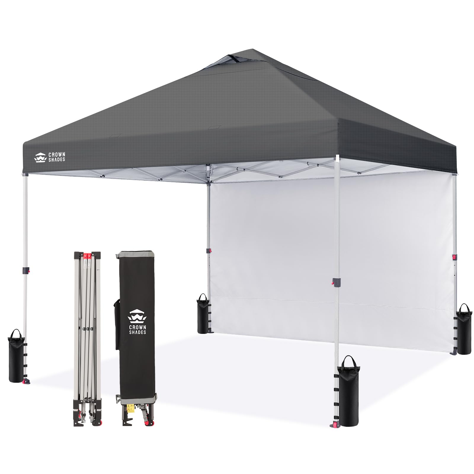 CROWN SHADES 10x10 Pop Up Canopy with 1 Side Wall - Beach Tent with One Push Setup - Outdoor Sun Shade for Events, Parties, Camping - Gazebo with STO-N-Go Cover Bag (Grid Grey)