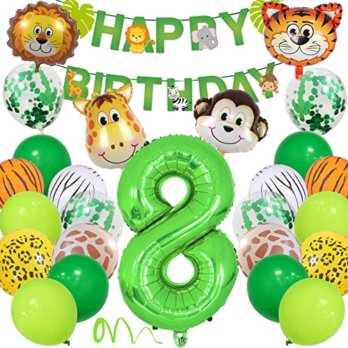8 Anni Decorazioni Compleanno, Addobbi per Feste Verde Safari Animali della Giungla con Palloncini Animali Safari Striscione Buon Compleanno 40'' 8 Palloncino Foil Verde per Bambino Ragazza Ragazzi