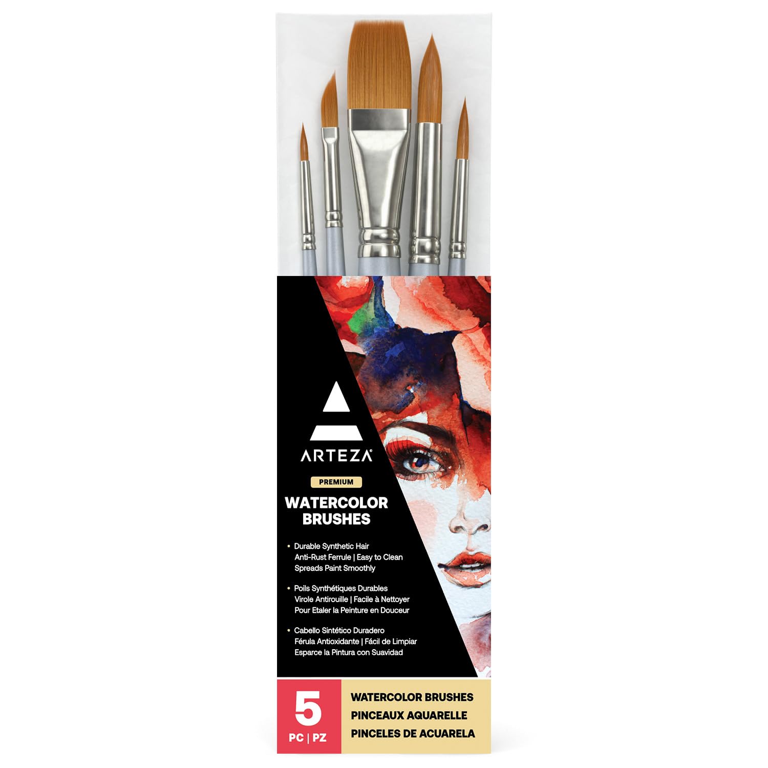 Watercolor Paint Brushes, Set of 5, Assorted Shapes, Synthetic Soft-Bristle Brushes
