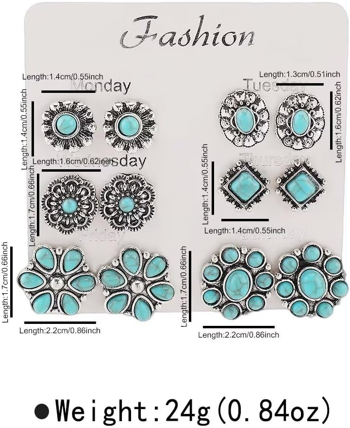 Blue Drop 6 Pairs Turquoise Earrings Geometric Oval Round Flower Cowboy Cowgirl Western Earrings for Women Vintage Ethnic Boho Jewelry - Image 4