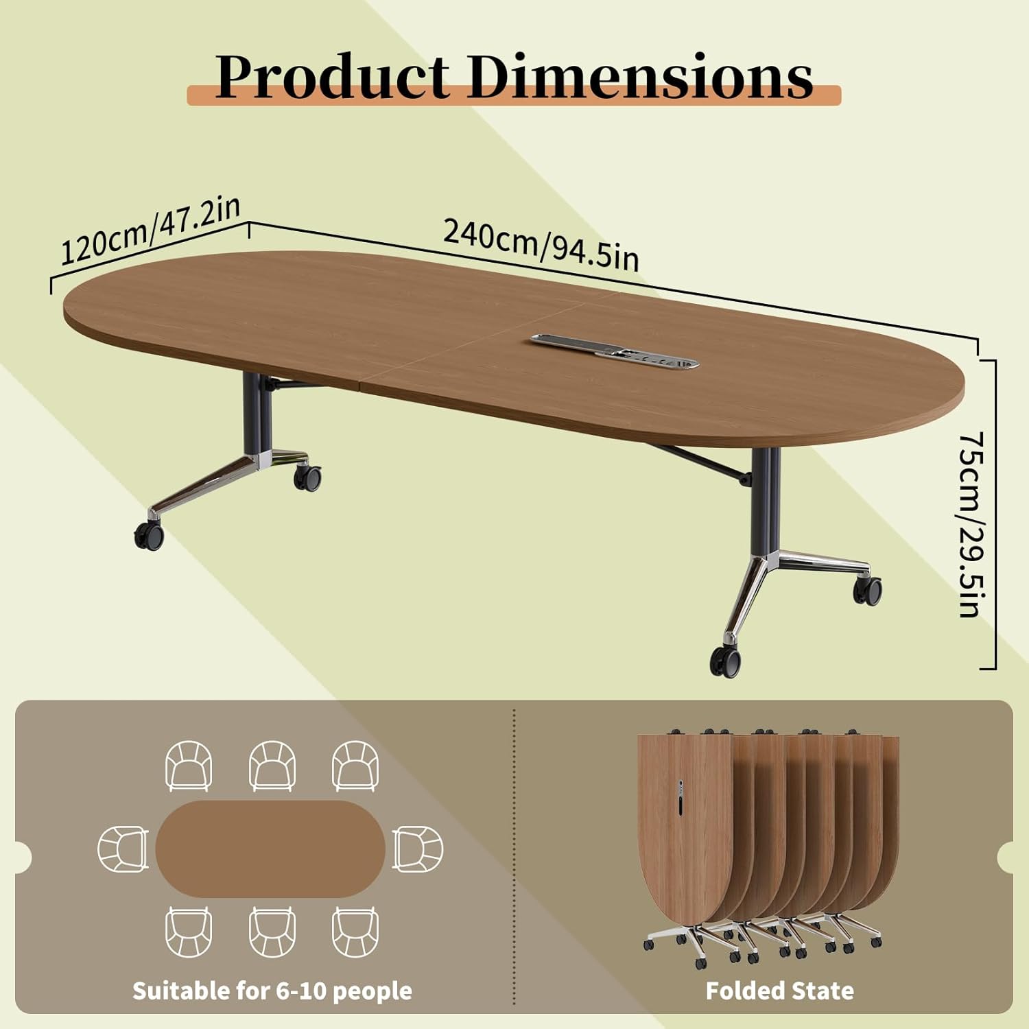 8FT Folding Conference Table for 6-8 People,Mobile Conference Room Table with Power Outlet,Large Oval Walnut Meeting Seminar Table for Office Business (94.5" L x 47.2" W x 29.5" H)