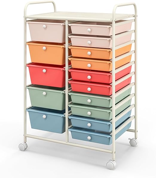 15 Drawer Rolling Storage Cart, Mobile Utility Cart with Lockable Wheels, Drawers, Multipurpose Organizer Cart for Home, Office, School, Mixed Color