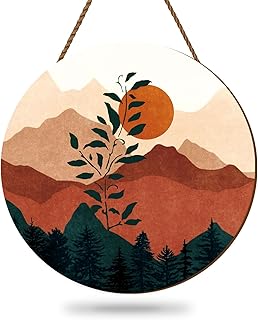 Whaline Boho Wooden Hanging Sign Mid Century Modern Door Sign Sun Mountain Welcome Wreath Sign Minimalist Geometric Door Hanger Wall Decor for Gallery Home Office Hotel Wall Door