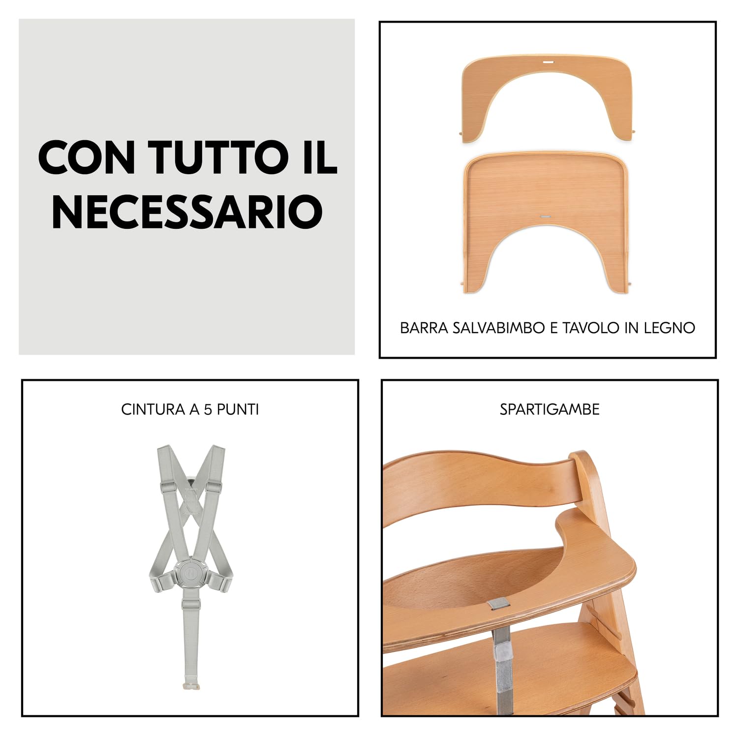 hauck Beta+, Naturale - Kit Seggiolone Pappa con Ruote, Vassoio, Barra Protettiva, Cuscino di Seduta, Cintura a 5 Punti e Cinturina Inguinale - per Bambini 6 Mesi fino a 90 kg - Legno di Faggio