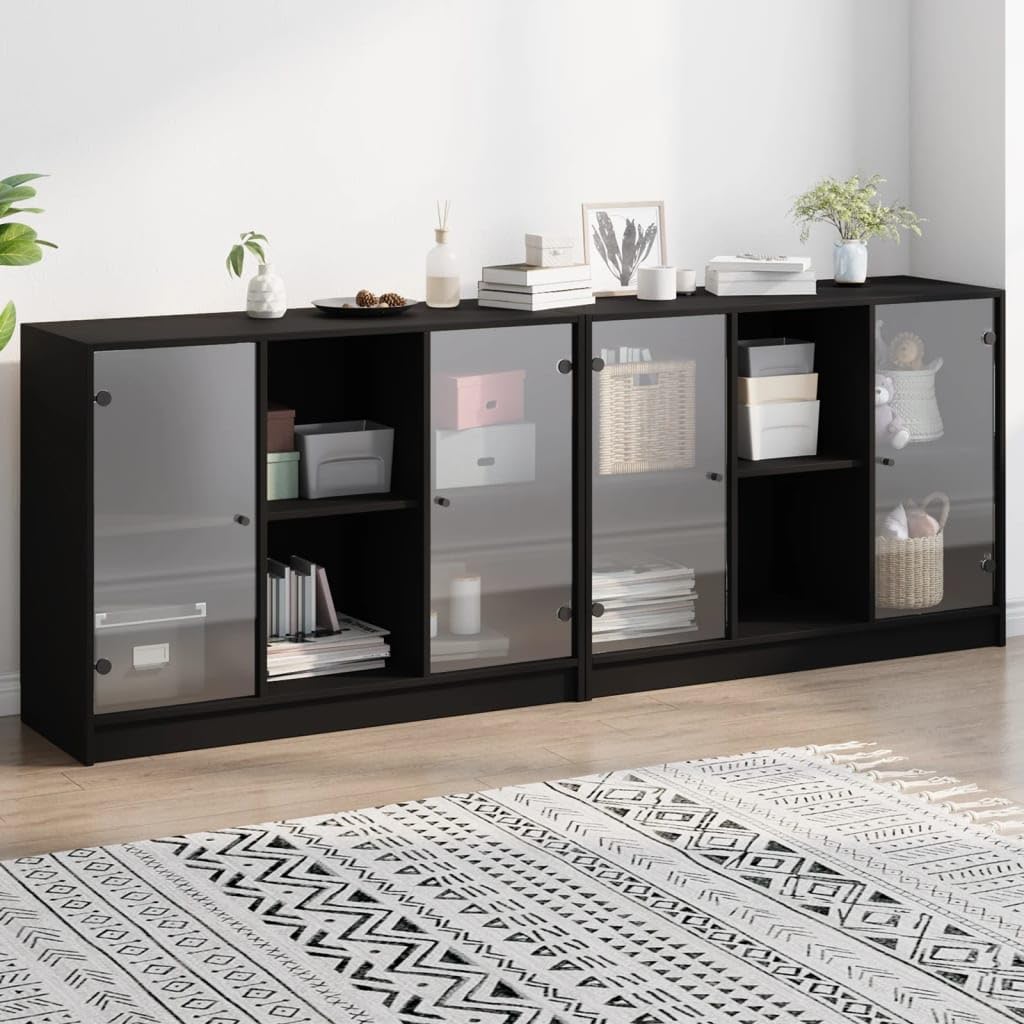 Estantería con puertas madera de ingeniería negro 204x37x75 cm,Estantería de libros de madera con puertas de vidrio y amplio espacio de almacenamiento para casa y oficina Librerías y estanterías