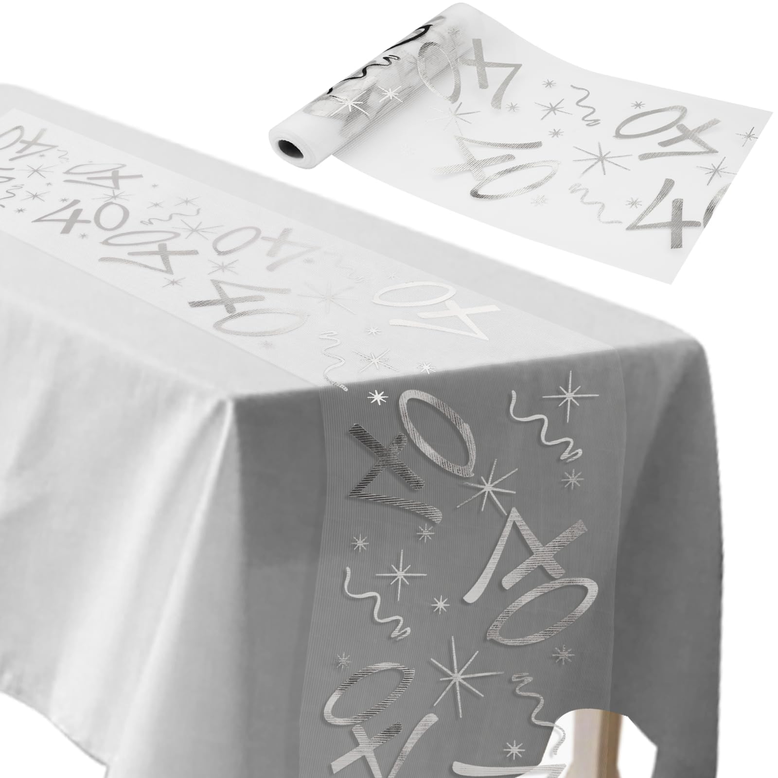 ddckj Tischläufer 40 Geburtstag 28 cm x 10 m Tischdeko Geburtstag Zuschneidbar Tisch Deko Silbrig Männer und Frauen für Geburtstagsparty Jubiläumsfeier