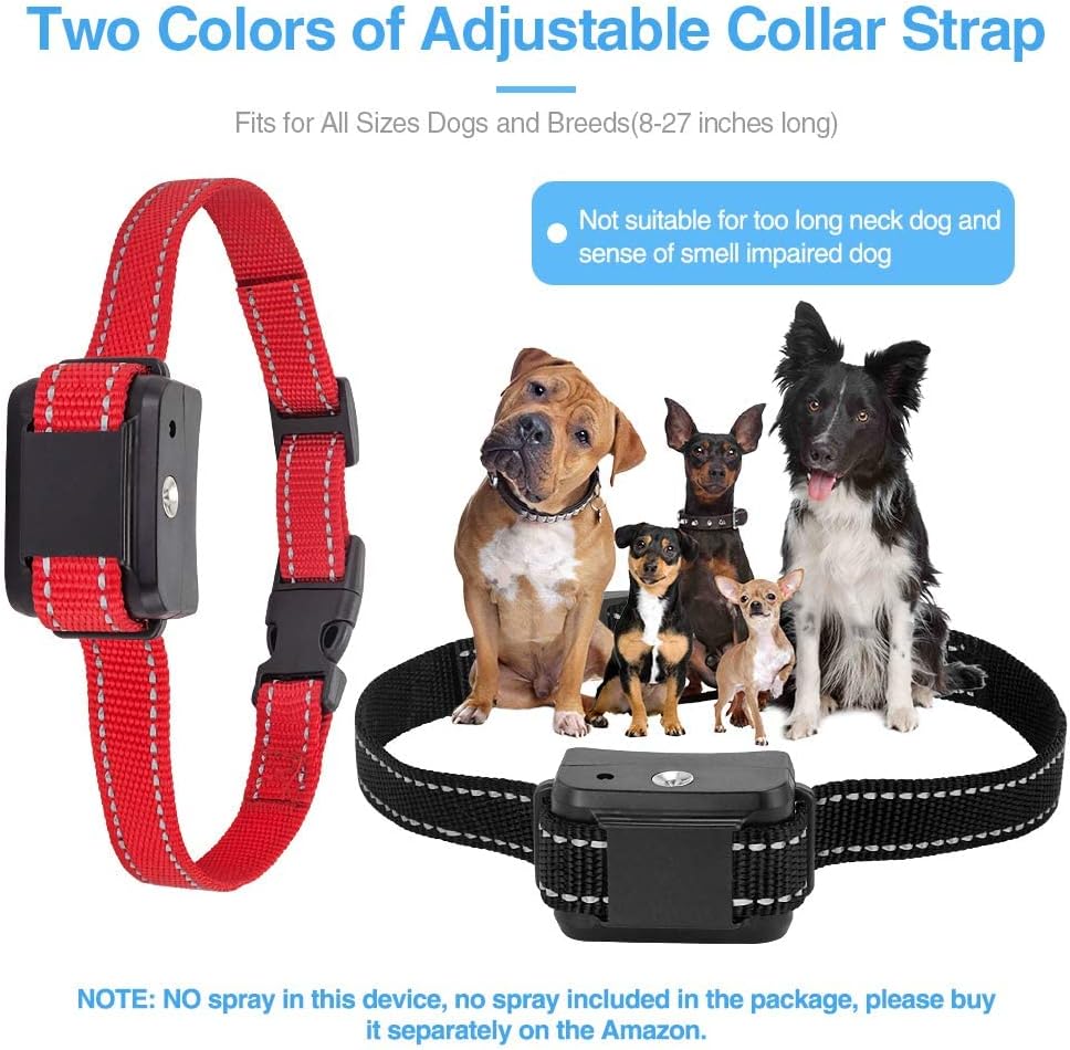 Image demonstrating how to adjust spray volume on the Queenmew Citronella Bark Collar. It shows pressing the adjust button to switch between small (yellow LED) and large (blue LED) spray volumes.