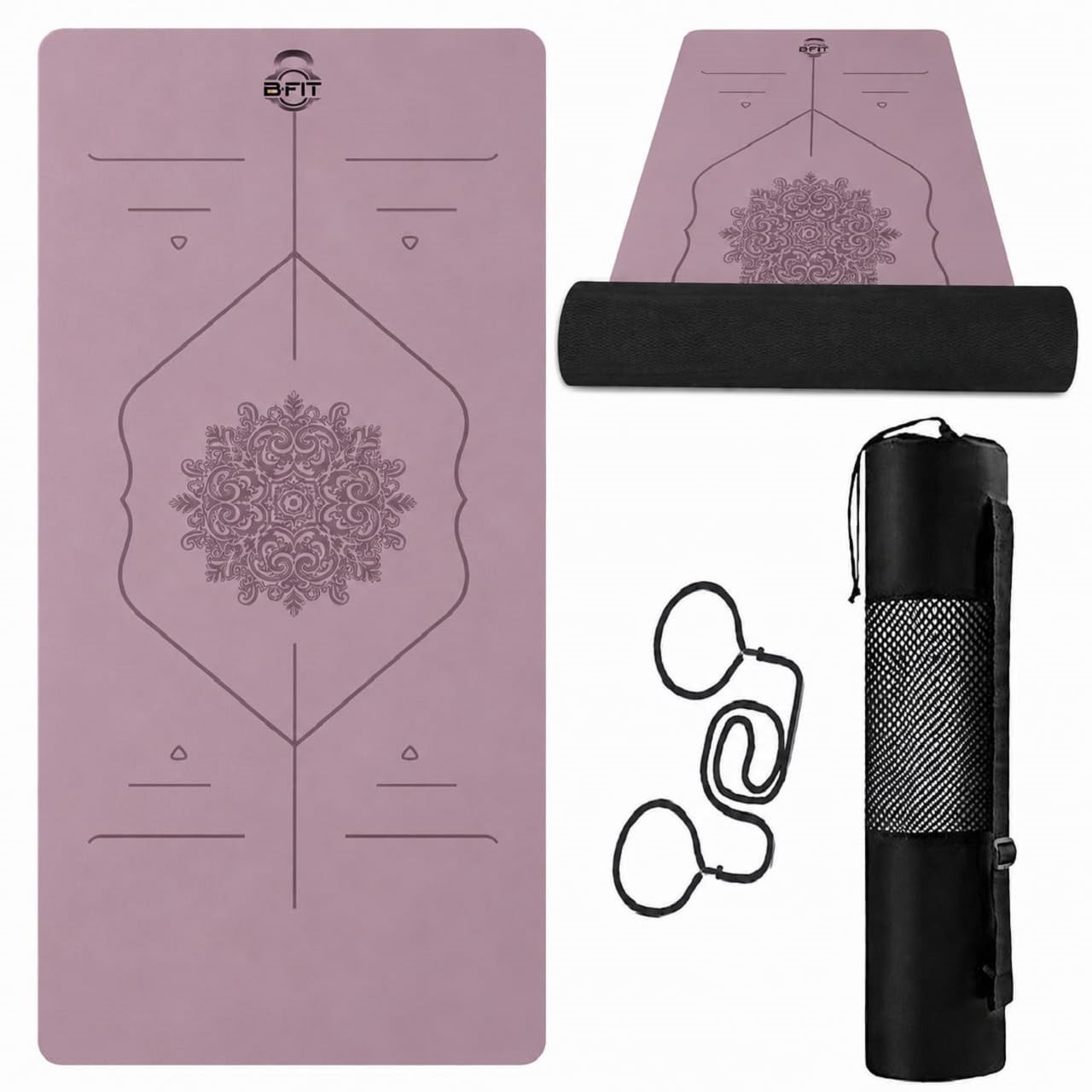 b fit extra wide 36x68 inchs 9 mm thick original tpe yoga mat – free yoga bag and strap included - with alignment system, non-slip, eco-friendly, sweat-resistant (purple-black)