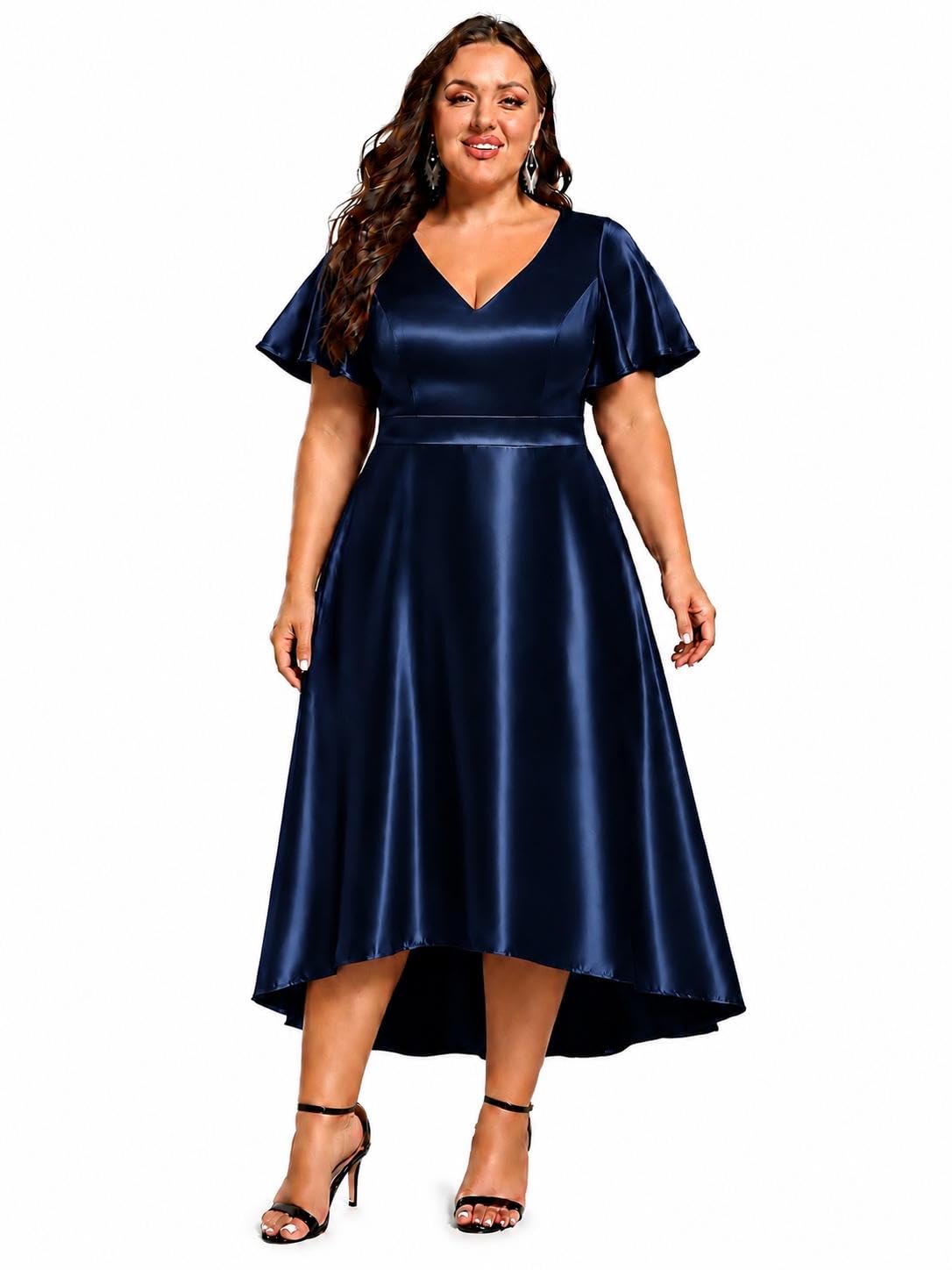 Satin high Low Dress DN-0034 | Sizes 2XL to 6XL, 40 in Front Length, 46 in Back Length, 12 in Sleeves, A-Line Silhouette-image-0