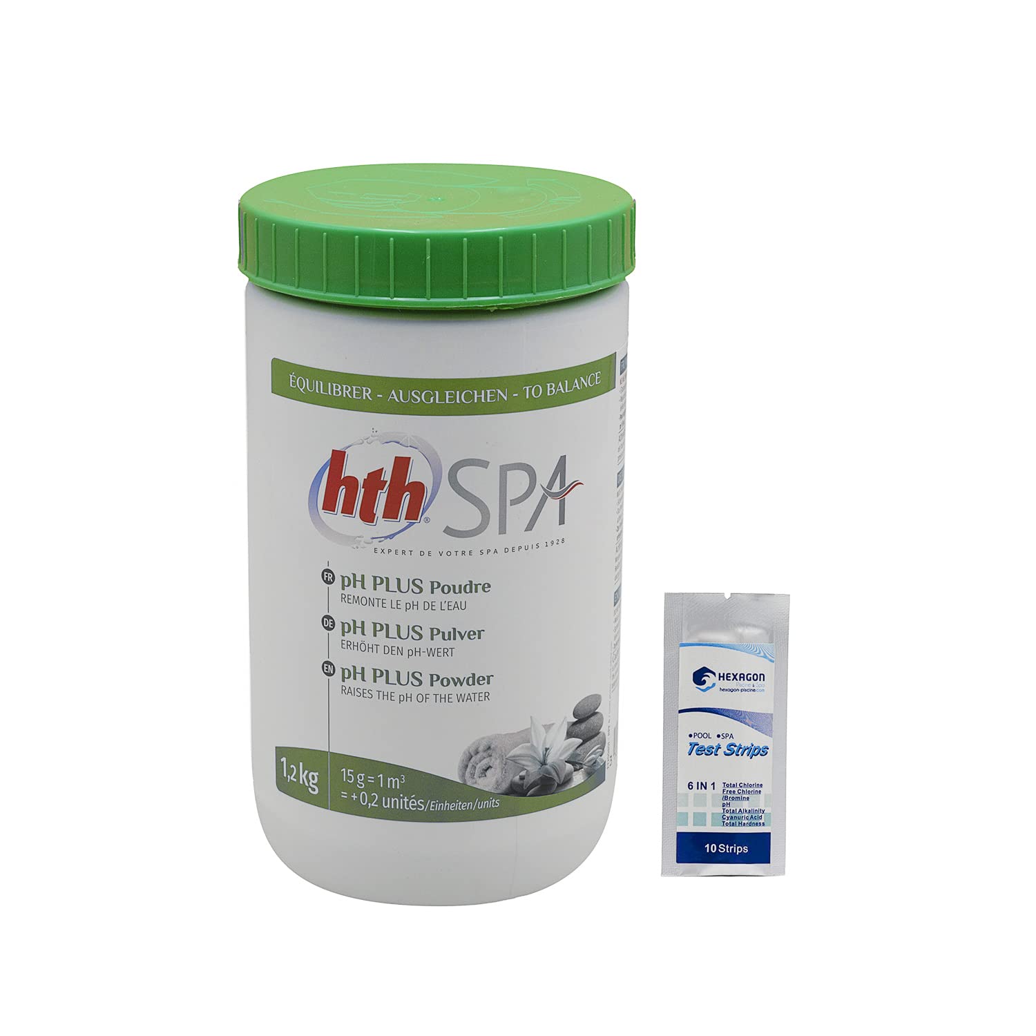 HTH Spa pH Plus Poudre 1,2kg Correcteur de pH Solide Augmente Le pH Dissolution Rapide 10 Tests HPS OFFERTS 6 en 1
