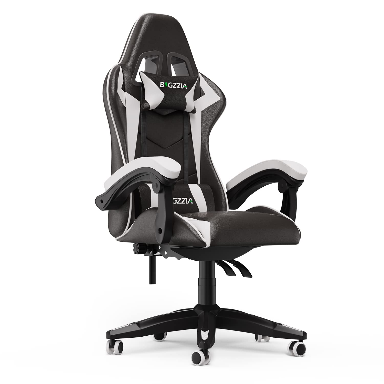 bigzzia Silla Gaming,Silla Ergonómica de Oficina en Cuero PU,Regulable en Altura con Soporte Lumbar y Reposacabezas,Respaldo Reclinable 155°,Silla Gamer Adulto Niño(Blanco Pálido)