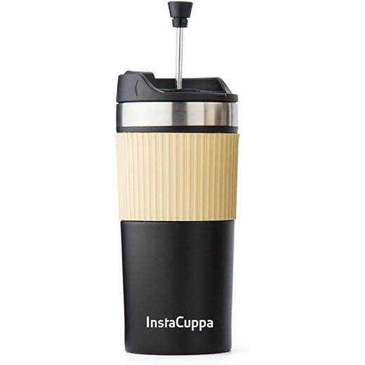 InstaCuppa Portable French Press Travel Mug for Coffee with Effortless Press Mechanism, Durable Steel Mesh Filter, Spill-Proof, Anti-Slip Grip, Perfect for Busy Moms On The Go, 400 ML, Black