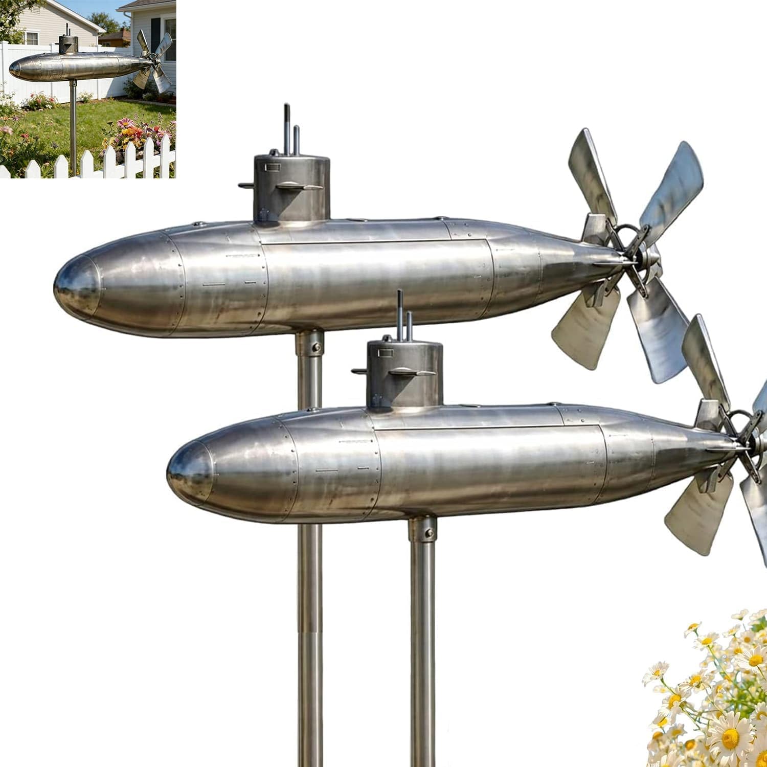 Navy Submarine Wind Spinner,Rotating Submarine Yard Spinner with Spin Blades, Motion Art Winds Sculpture for Patio, Propeller Windmill (2Pcs)