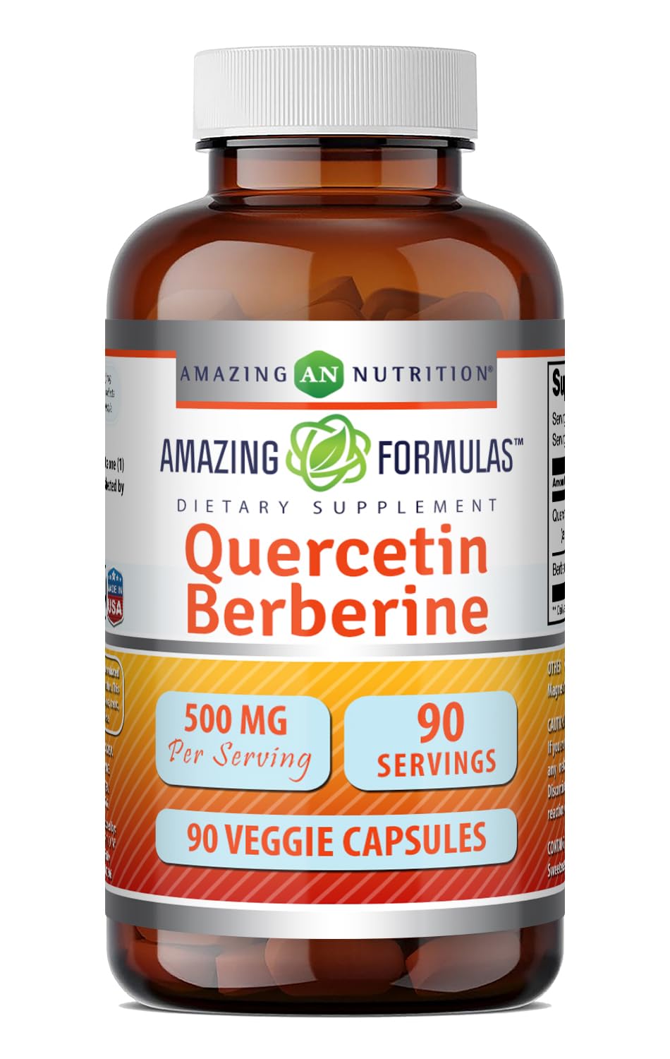Amazing Formulas Quercetin 250 Mg & Berberine 250 Mg | Veggie Capsules Supplement | Non-GMO | Gluten-Free | Made in USA (1 Pack | 90 Count) Unflavored, 90 Count