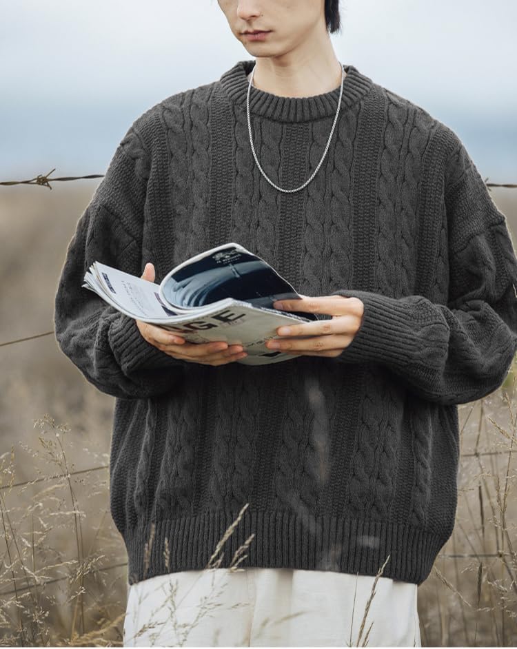 POHADON Mens Vintage Cable Knit Sweater Vintage Chunky Crewneck Long Sleeve Oversized Pullover 2026 Fall Winter Sweatshirts - Image 4