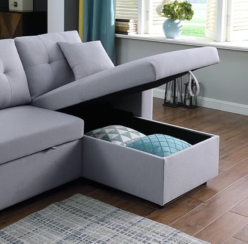 Biadnbz Convertible Sleeper Sectional Sofa With Reversible Storage Chaise, Modern Linen Fabric L-Shaped Pull Out Couch W/2 Stools,For Living Room Apartment, Light Gray #TOP5
