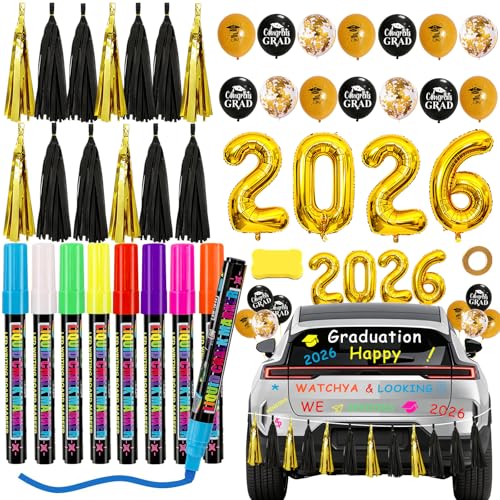 41 PCS Graduation Car Decorations 2026 Car Markers Washable For Auto With Grad Decorations 2026 Balloons Fringe Tassel Car Decorations for Graduation Senior Grad Collage Master Party ( Black Gold )