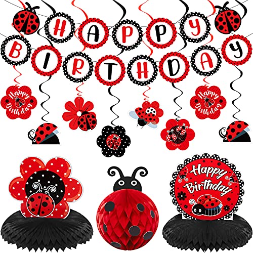 28 Pcs Ladybug Fancy Birthday Party Decoration Kit Cute Ladybird Birthday Banner Ladybeetle Honeycomb Centerpiece Hanging Swirls Decoration for Girls Baby Shower Party Supplies