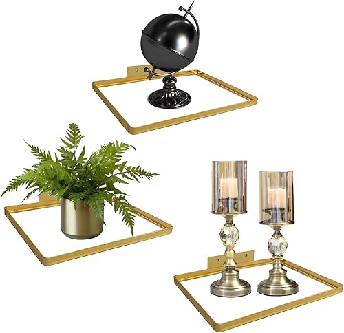 Cityelf Estantes flotantes montados en la pared, estante colgante de vidrio de hierro, juego de 3 estantes de repisa de exhibición para sala de