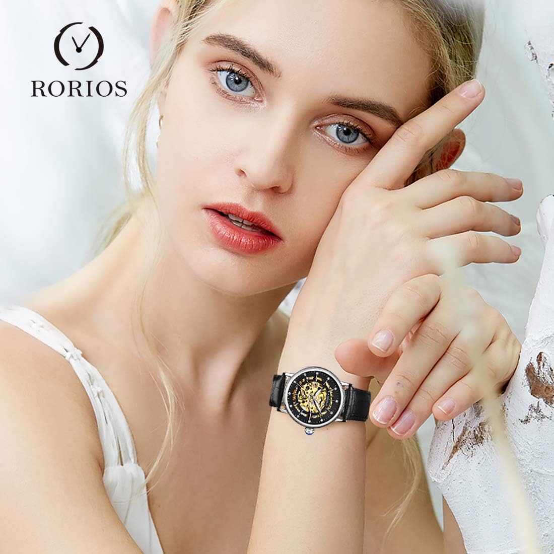 RORIOS Women's Skeleton Watch Dial Self-Winding Automatic Watch with Leather Band Women Wrist Watch - Image 2