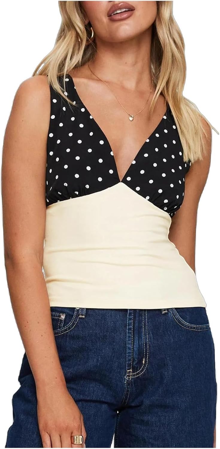 Women Y2K Halter Tank Top Sleeveless V Neck Polka Dot Crop Top Sexy Slim Backless Going Out Cami Shirt Streetwear
