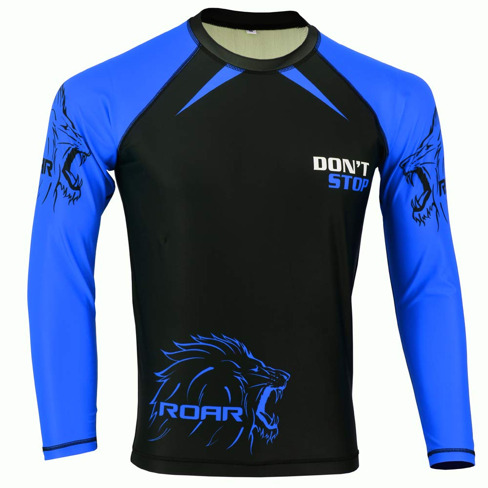 Roar MMA Rash Guards UFC Fight Training BJJ Grappling No Gi Wear Branded (Blue-Black, Small)
