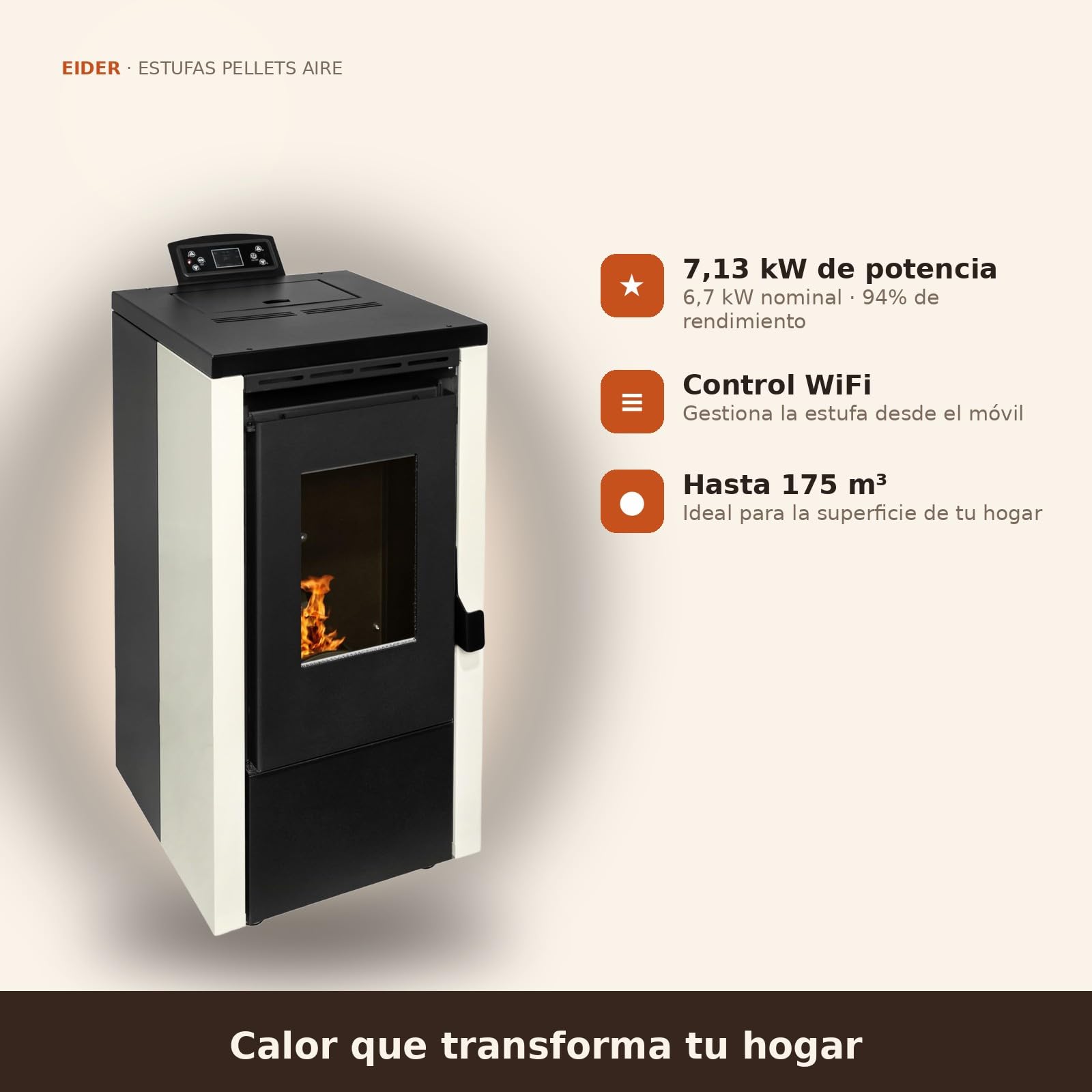 EIDER BIOMASA Estufa de Pellets ELITE 7 – 7,1 kW – Compacta – Rendimiento 94% – Hasta 175 m³ – Tolva 13 kg – Programable WiFi y Mando – Encendido Rápido – Clase A++