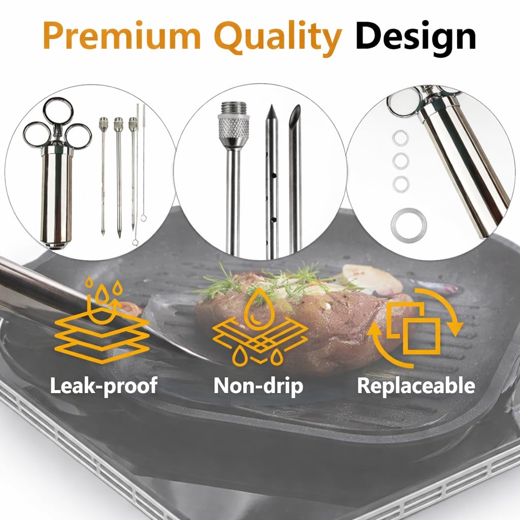 Iniettore per carne in acciaio inox 60 ml con 3 aghi siringa per marinata barbecue