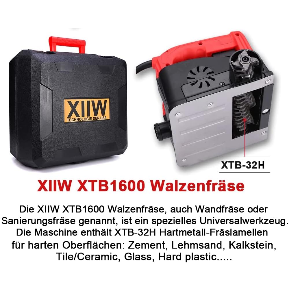 XIIW Betonfräse für Harten Oberflächen, 1600W 4000UPM Walzenfräse Sanierungsfräse Putzfräse Mauerfräse Betonschleifer Walzen Schleifer Fräsmaschine für Tile/Ceramic, Zement, Lehmsand, Kalkstein, Glass