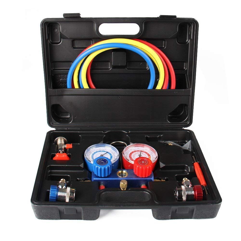 3 Way AC Diagnostic Manifold Gauge Set for Freon Charging, with 5 FT Hose, R134A Tank Adapter. Fits R134A R12 R22 and R502 Refrigerants