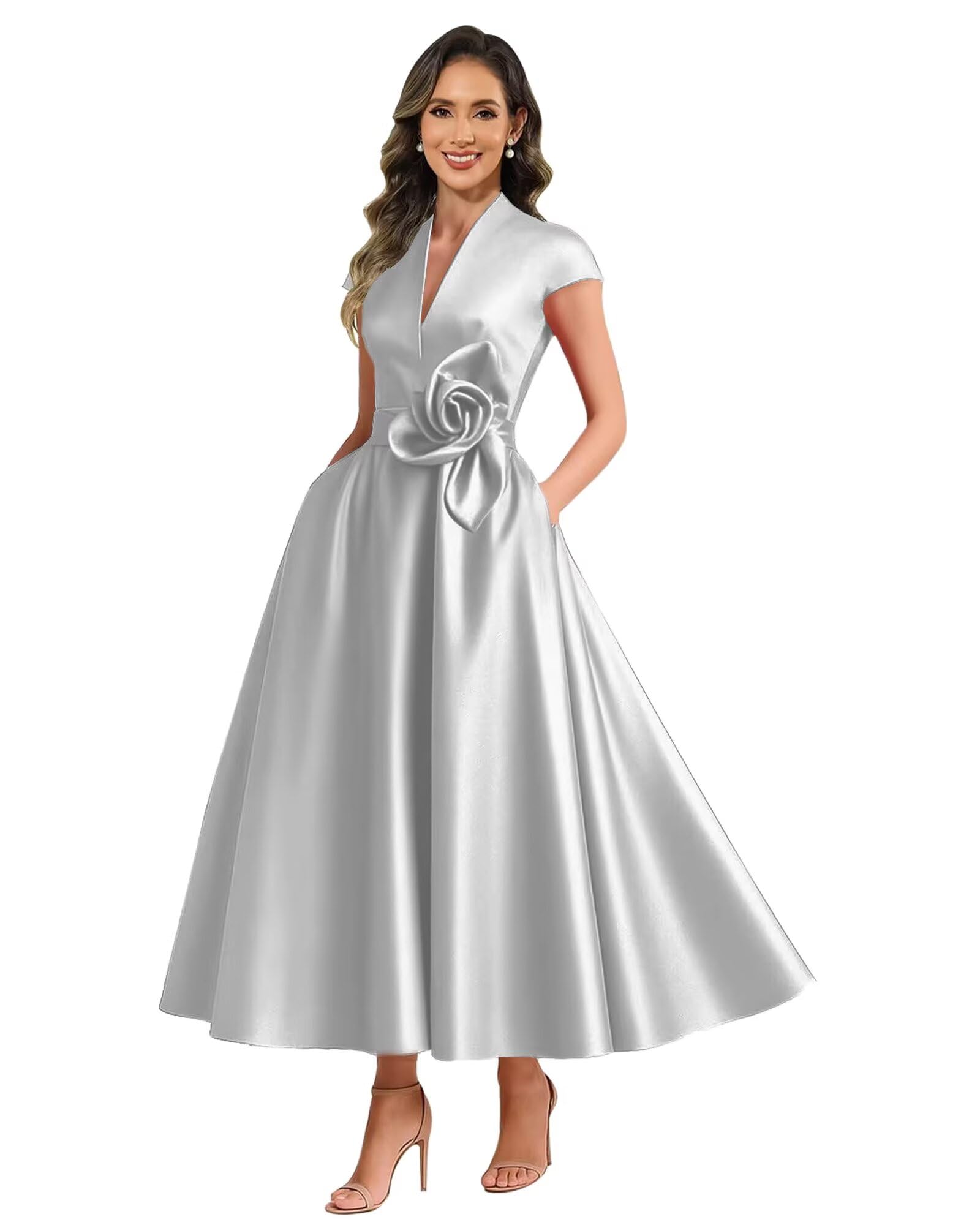 Cap Sleeve Satin Mother of The Bride Dresses for Women Tea Length 3D Flower Mother of The Groom