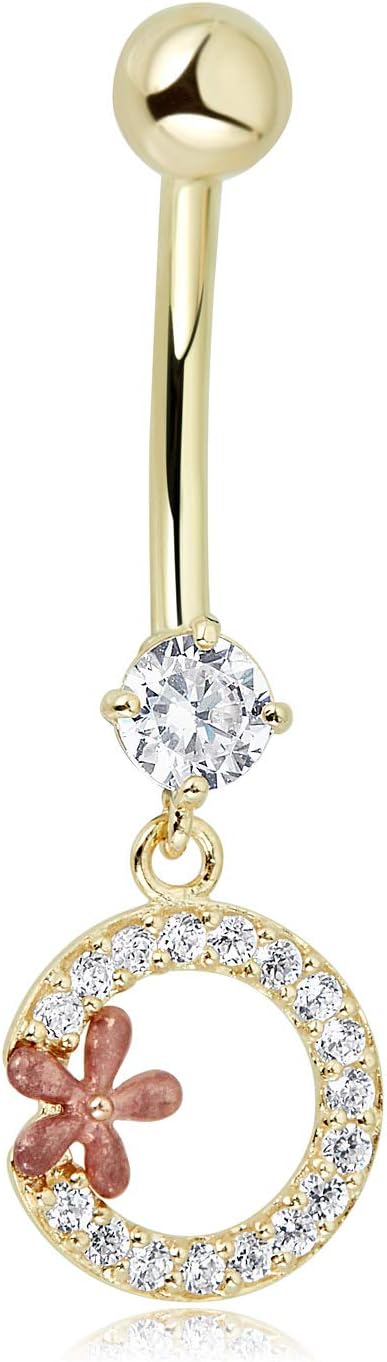 AVORA 10K Yellow Gold Simulated Diamond CZ Dangling Open-Circle and Flower Belly Button Ring Body Jewelry (14 Gauge)