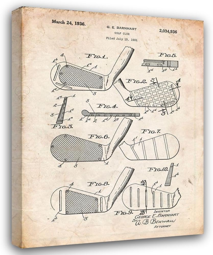 ArtDirect PP4-Vintage Parchment Golf Club Faces Patent Poster Custom Framed Art Print Giclee Print or Canvas Options with Various Sizes and Customization by Borders, Cole