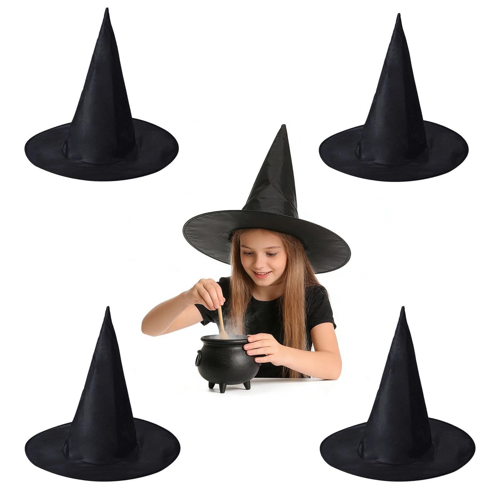 MAIKAOZAI 4 PCS Womens Classic Black Pointed Witch Hat for Halloween Costume Adult Kids Wizard Cosplay Party Headwear