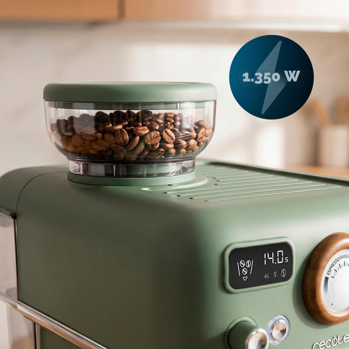 Cecotec Espressomaschine Power Espresso 20 Tradizionale Grind. 1500 W, 20 Bar, PID-Temperatur, Thermoblock, integriertes Mahlwerk, Cold-Brew, Milchschäumer, 1,8 L, Manometer
