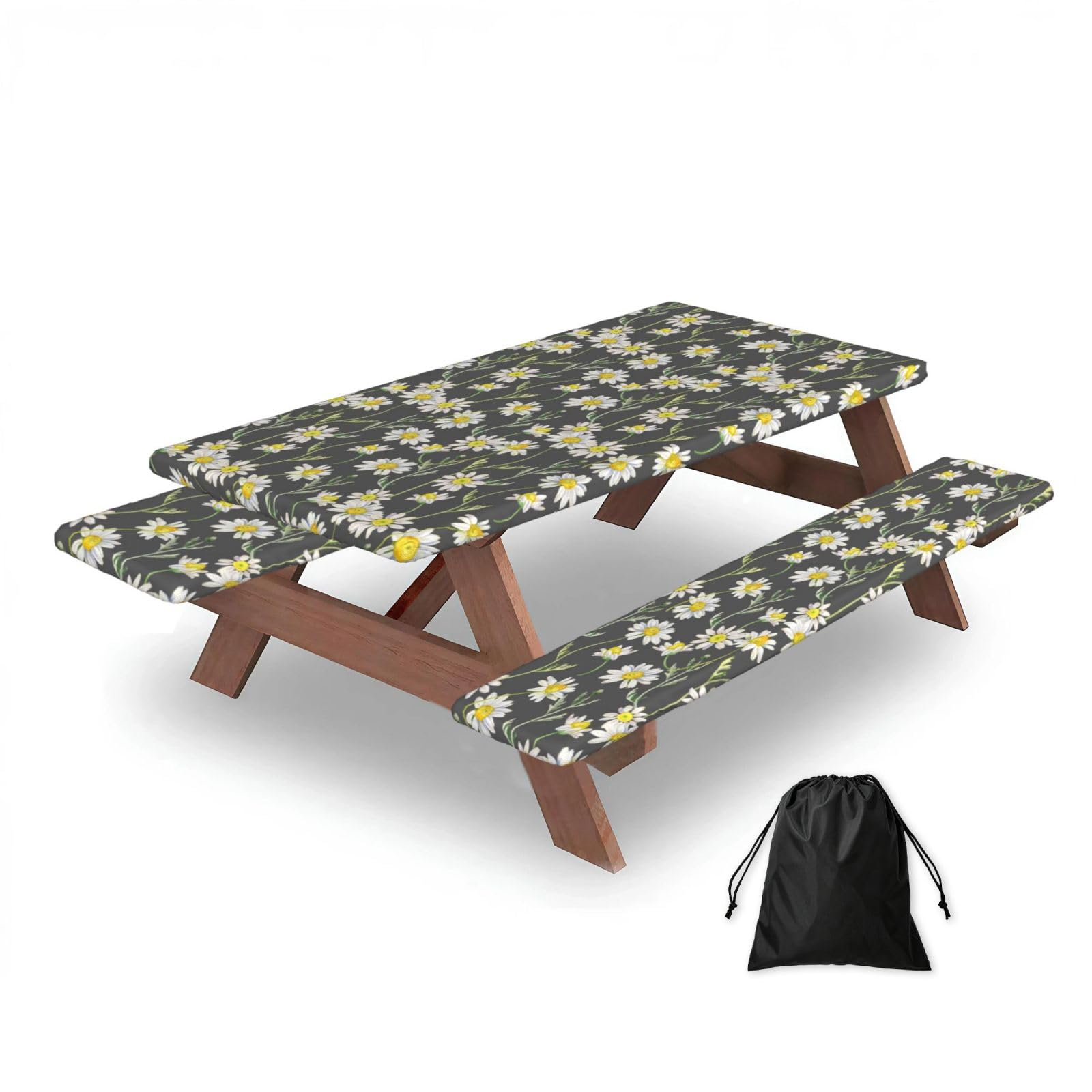 Dopklna As Picture Hand Drawn Daisy Watercolor Pattern, Picnic Table Cover With Bench Covers -Waterproof Elastic Fitted Tablecloth For Garden Camping Patio 76X152cm
