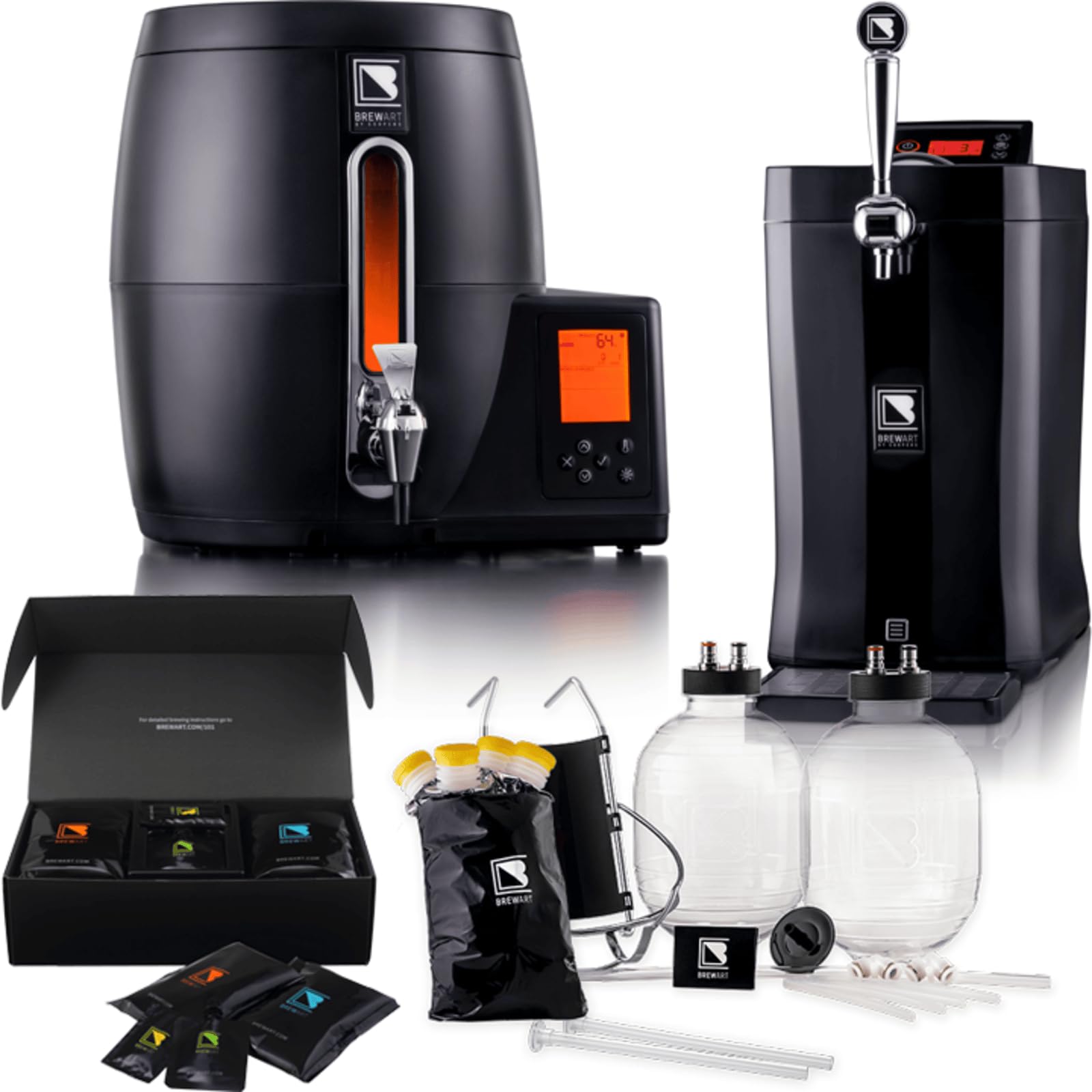 BrewArt Complete Beer Brewing & Dispensing System Bundle | BeerDroid Fully Automated Brewer & BrewFlo CO2-Free Beer Dispenser | 2 5L Kegs & Discovery Pale Ale BrewPrint Included
