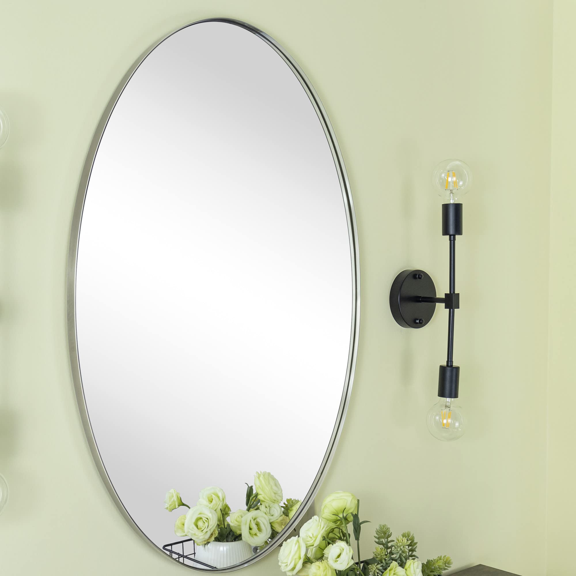 Oval Brushed Silver Metal Framed Bathroom Mirror for Wall in Stainless Steel Modern Farmhouse Bathroom Vanity Mirrors Wall Mounted 24x36''