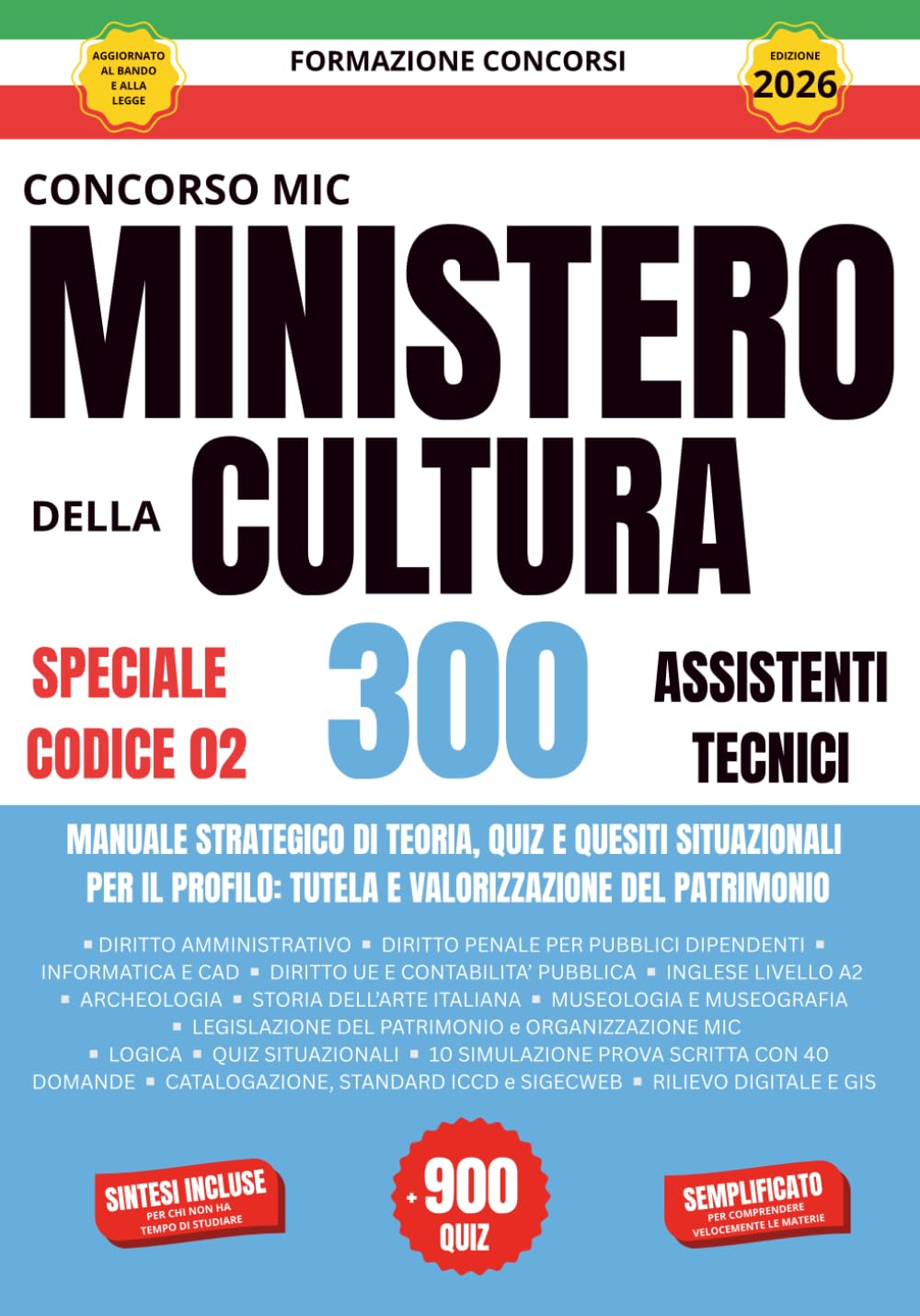 Concorso Mic 2026 Codice 02: Manuale completo per 300 Assistenti Tecnici: Guida pratica con 950 quiz risolti e 10 simulazioni di prova con standard ministeriali