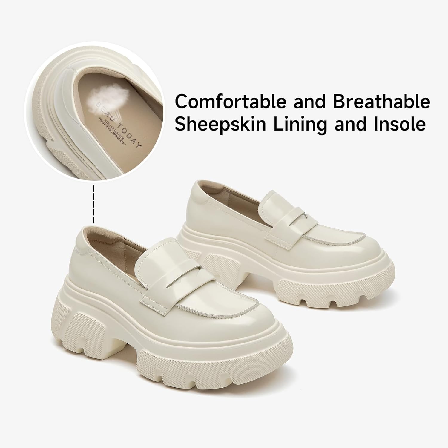 BEAU TODAY Platform Penny Loafers for Women, Women’s Leather Chunky Heel Slip-on Loafers, Non-Slip Design, Comfortable Business Casual Round Toe Loafer Shoes - Image 6