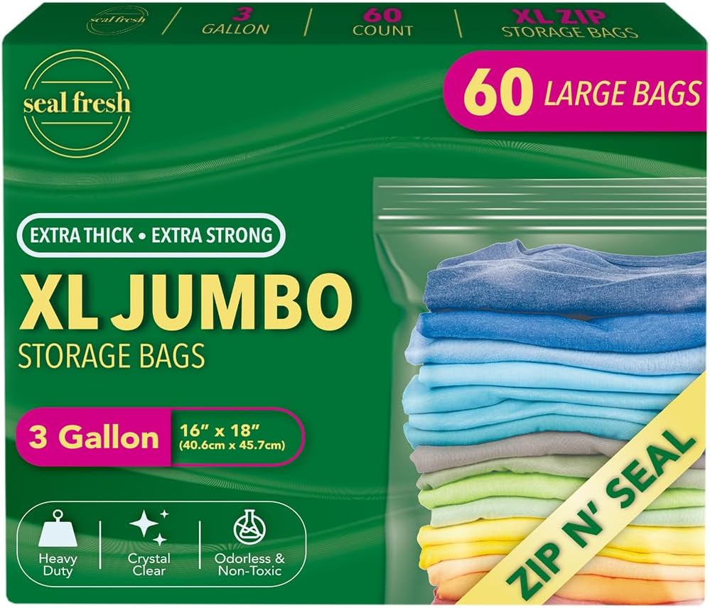 3 Gallon Large Plastic Storage Bags  16" x 18" (60 Count)  Reusuable XXL Extra Large Heavy Duty Clear Jumbo Freezer Zip Bags with Sealable Zipper Top For Clothes, Travel, Moving