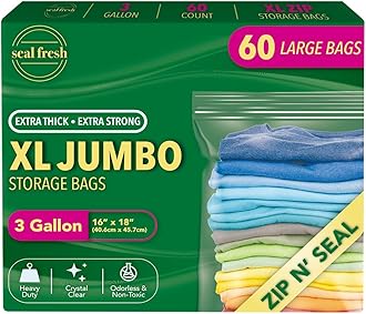 Seal Fresh 3 Gallon Large Plastic Storage Bags – 16" x 18" (60 Count) – Reusu...