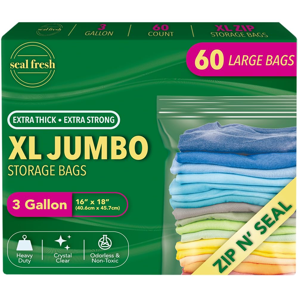 3 Gallon Large Plastic Storage Bags – 16" x 18" (60 Count) – Reusuable XXL Extra Large Heavy Duty Clear Jumbo Freezer Zip Bags with Sealable Zipper Top For Clothes, Travel, Moving